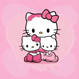 Create an adorable image featuring two Hello Kitty characters sitting down and holding hands, each with a heart on their chest where names can be written