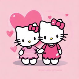 Create an adorable image featuring two Hello Kitty characters sitting down and holding hands, each with a heart on their chest where names can be written