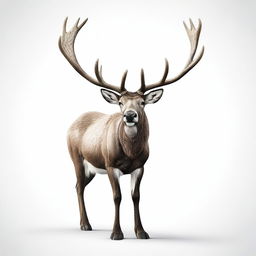 A realistic illustration of a caribou facing forward, highly detailed, showing the full body against a white background