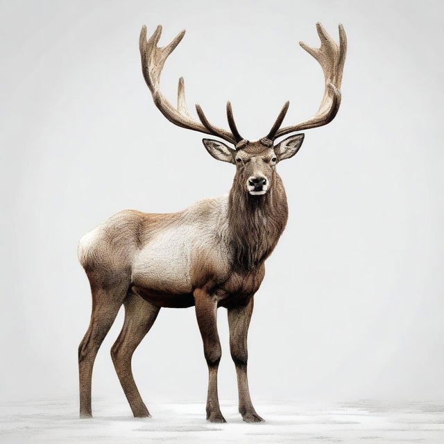 A realistic illustration of a caribou facing forward, highly detailed, showing the full body against a white background