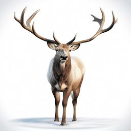 A realistic illustration of a caribou facing forward, highly detailed, showing the full body against a white background