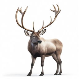 A realistic illustration of a caribou facing forward, highly detailed, showing the full body against a white background