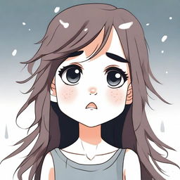 A pretty cartoon girl with big, expressive eyes is crying