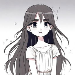 A pretty cartoon girl with big, expressive eyes is crying