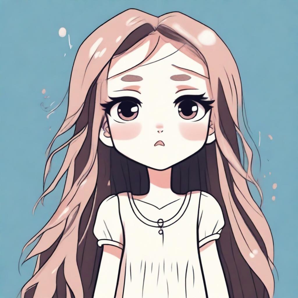 A pretty cartoon girl with big, expressive eyes is crying