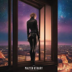 Create a book cover image featuring a woman seen from behind, dressed in leather clothing with a thigh holster, standing on top of a building