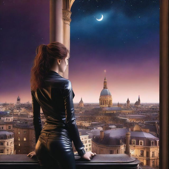 Create a book cover image featuring a woman seen from behind, dressed in leather clothing with a thigh holster, standing on top of a building