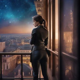 Create a book cover image featuring a woman seen from behind, dressed in leather clothing with a thigh holster, standing on top of a building