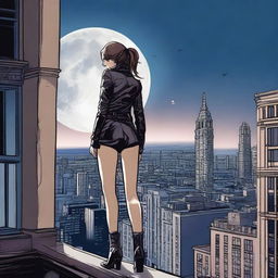 Create an image featuring a woman seen from behind, dressed in leather clothing with a thigh holster, standing on top of a building