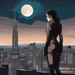 Create an image featuring a woman seen from behind, dressed in leather clothing with a thigh holster, standing on top of a building