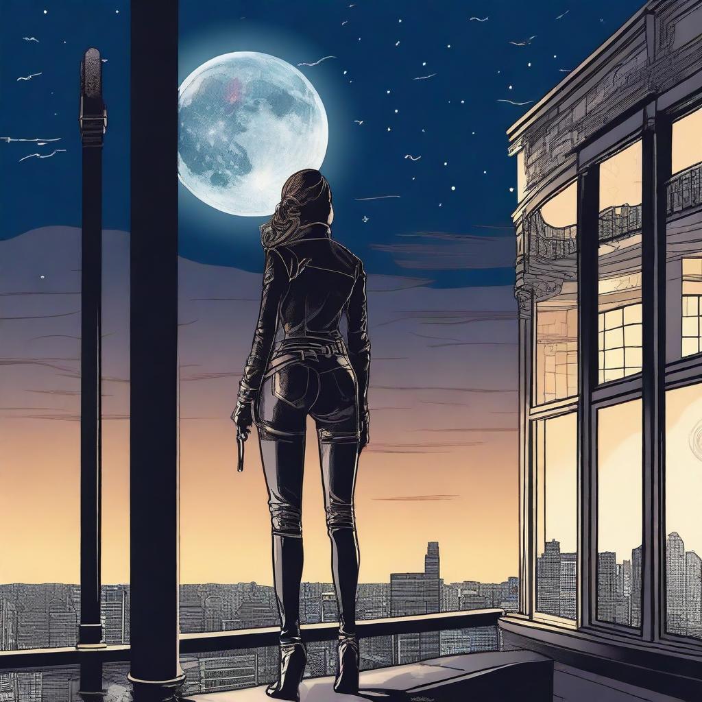 Create an image featuring a woman seen from behind, dressed in leather clothing with a thigh holster, standing on top of a building