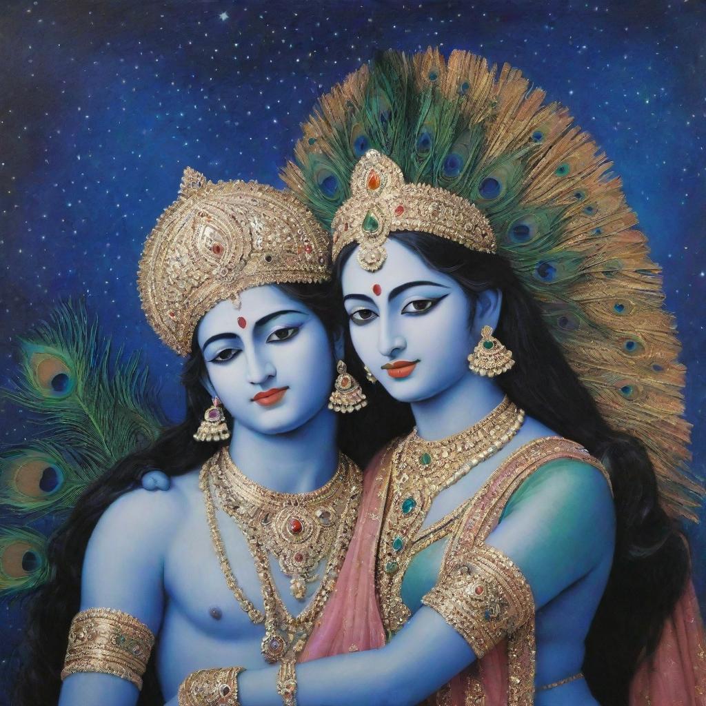 Lord Krishna and Radha in a serene yet romantic pose, enveloped by a cosmic, universal background. Krishna wears a peacock feather hat.