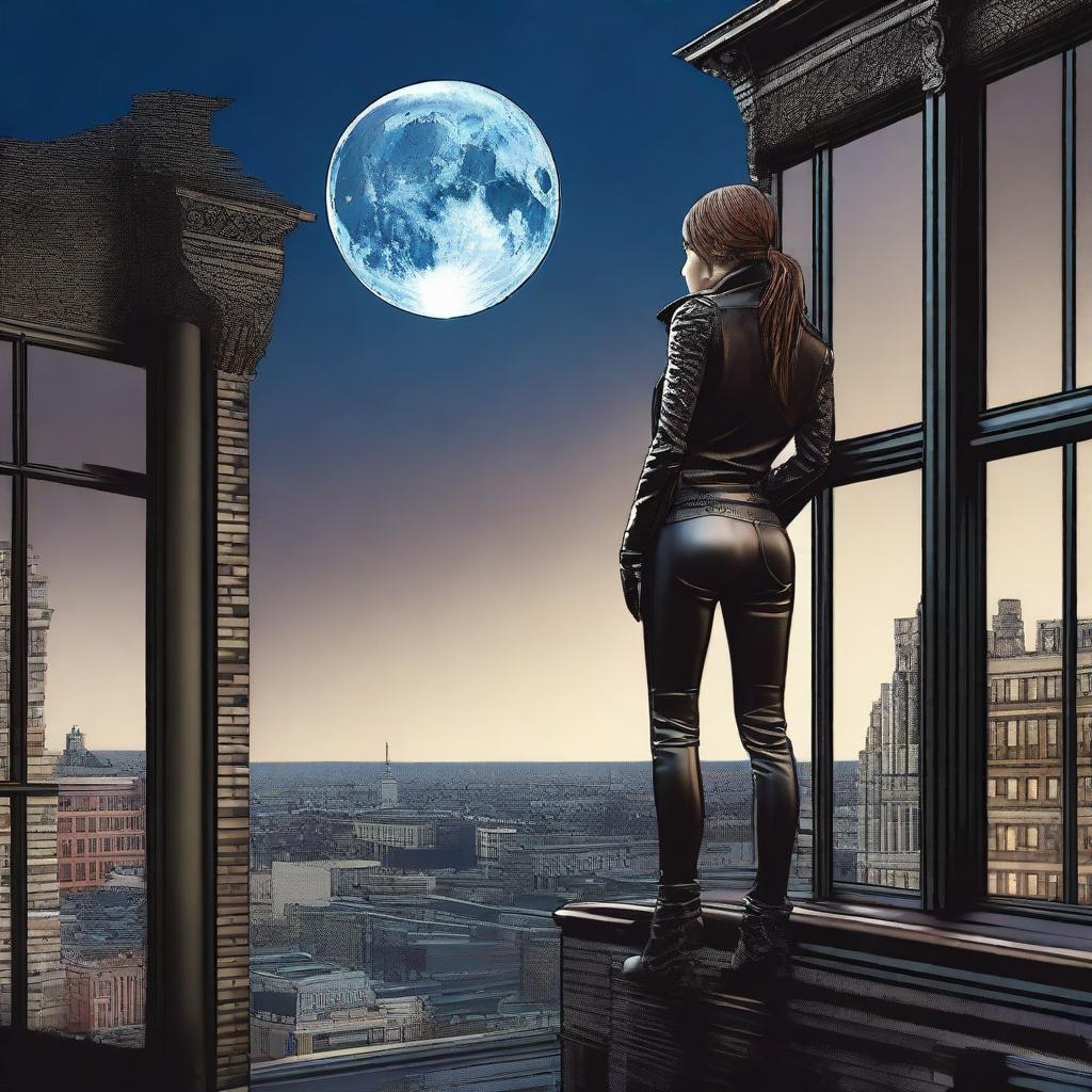 Create an image featuring a woman seen from behind, dressed in leather clothing with a thigh holster, standing on top of a building