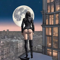 Create an image featuring a woman seen from behind, dressed in leather clothing with a thigh holster, standing on top of a building