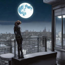 Create an image featuring a woman seen from behind, dressed in leather clothing with a thigh holster, standing on top of a building