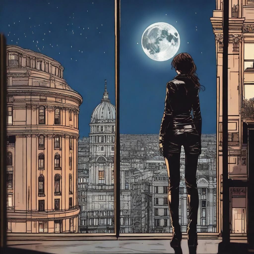 Create an image featuring a woman seen from behind, dressed in leather clothing with a thigh holster, standing on top of a building