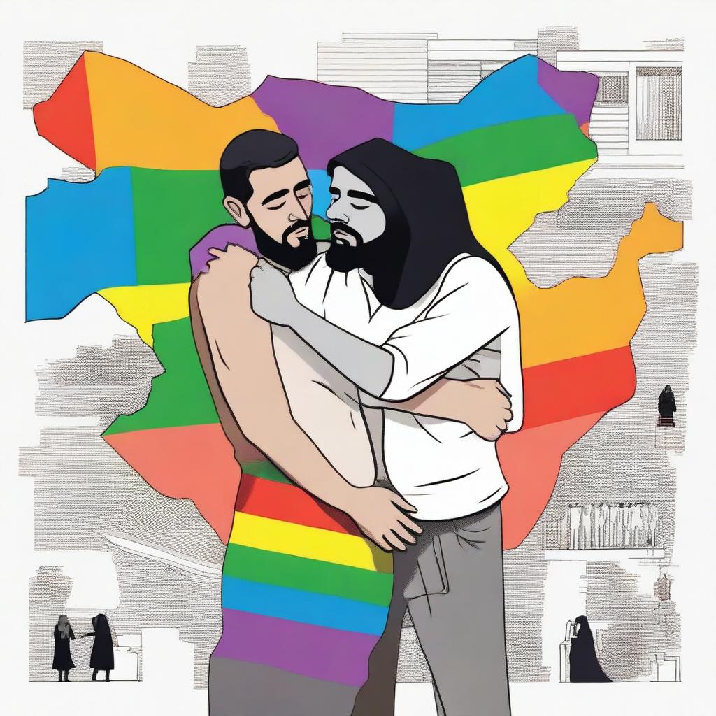 A conceptual illustration depicting the struggles faced by LGBTQ+ individuals in the Middle East, highlighting themes of homophobia and societal challenges