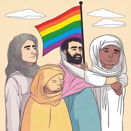 A conceptual illustration depicting the struggles faced by LGBTQ+ individuals in the Middle East, highlighting themes of homophobia and societal challenges