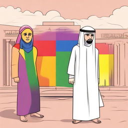 A conceptual illustration depicting the struggles faced by LGBTQ+ individuals in the Middle East, highlighting themes of homophobia and societal challenges