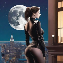 Create a book cover featuring a woman seen from behind, dressed in leather clothing with a thigh holster, standing on top of a building