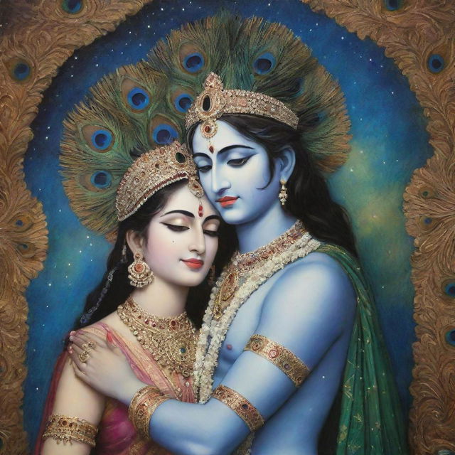 Lord Krishna and Radha in a serene yet romantic pose, enveloped by a cosmic, universal background. Krishna wears a peacock feather hat.