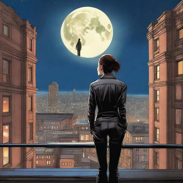 Create a book cover featuring a woman seen from behind, dressed in leather clothing with a thigh holster, standing on top of a building