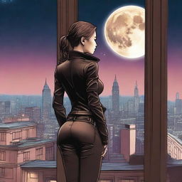 Create a book cover featuring a woman seen from behind, dressed in leather clothing with a thigh holster, standing on top of a building