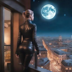 Create a book cover featuring a woman seen from behind, dressed in leather clothing with a thigh holster, standing on top of a building