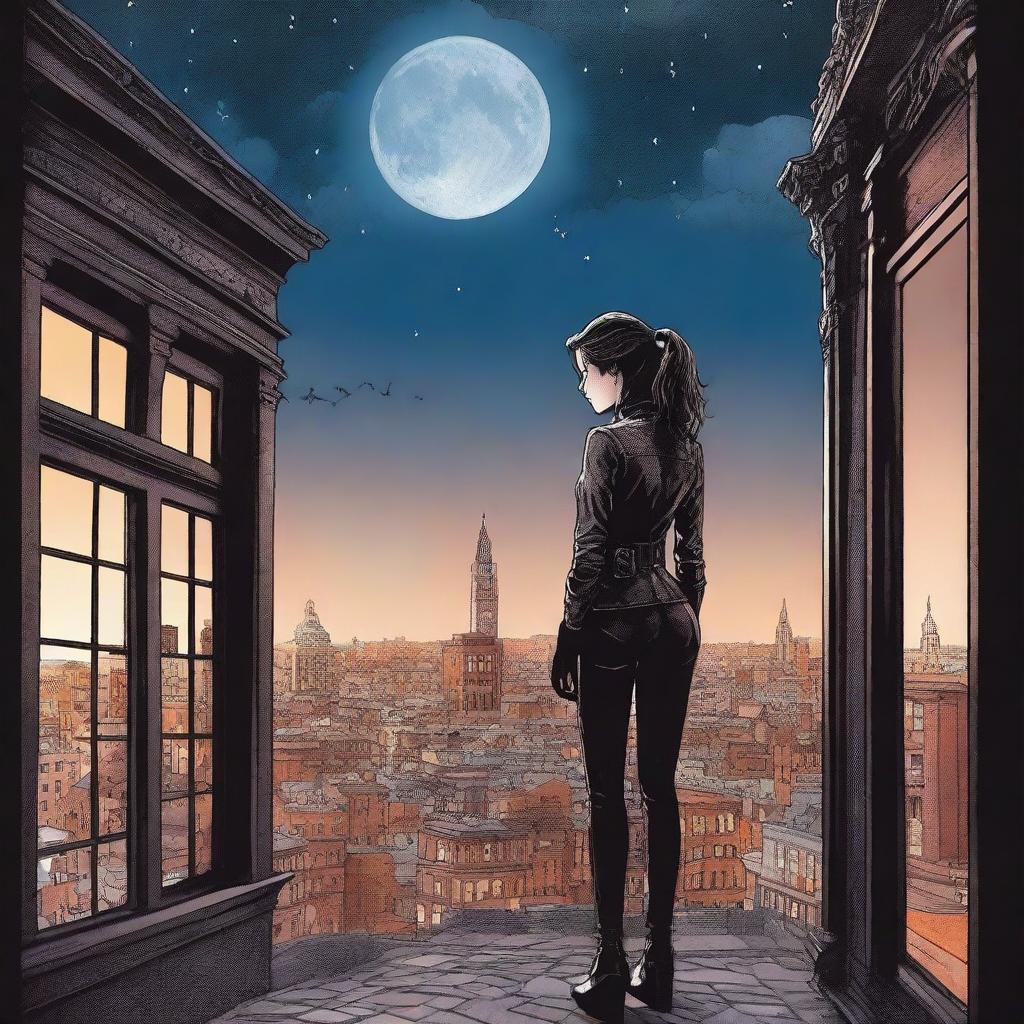 Create a book cover featuring a woman seen from behind, dressed in leather clothing with a thigh holster, standing on top of a building