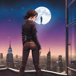 Create a book cover featuring a woman seen from behind, dressed in leather clothing with a thigh holster, standing on top of a building