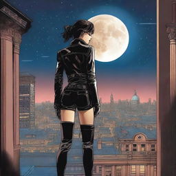 Create a book cover featuring a woman seen from behind, dressed in leather clothing with a thigh holster, standing on top of a building