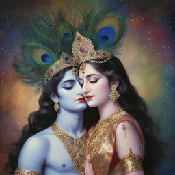 Lord Krishna and Radha in a serene yet romantic pose, enveloped by a cosmic, universal background. Krishna wears a peacock feather hat.