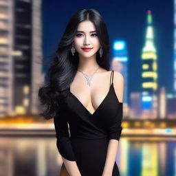 A beautiful girl with long, flowing black hair, styled elegantly