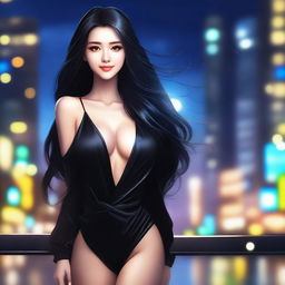 A beautiful girl with long, flowing black hair, styled elegantly