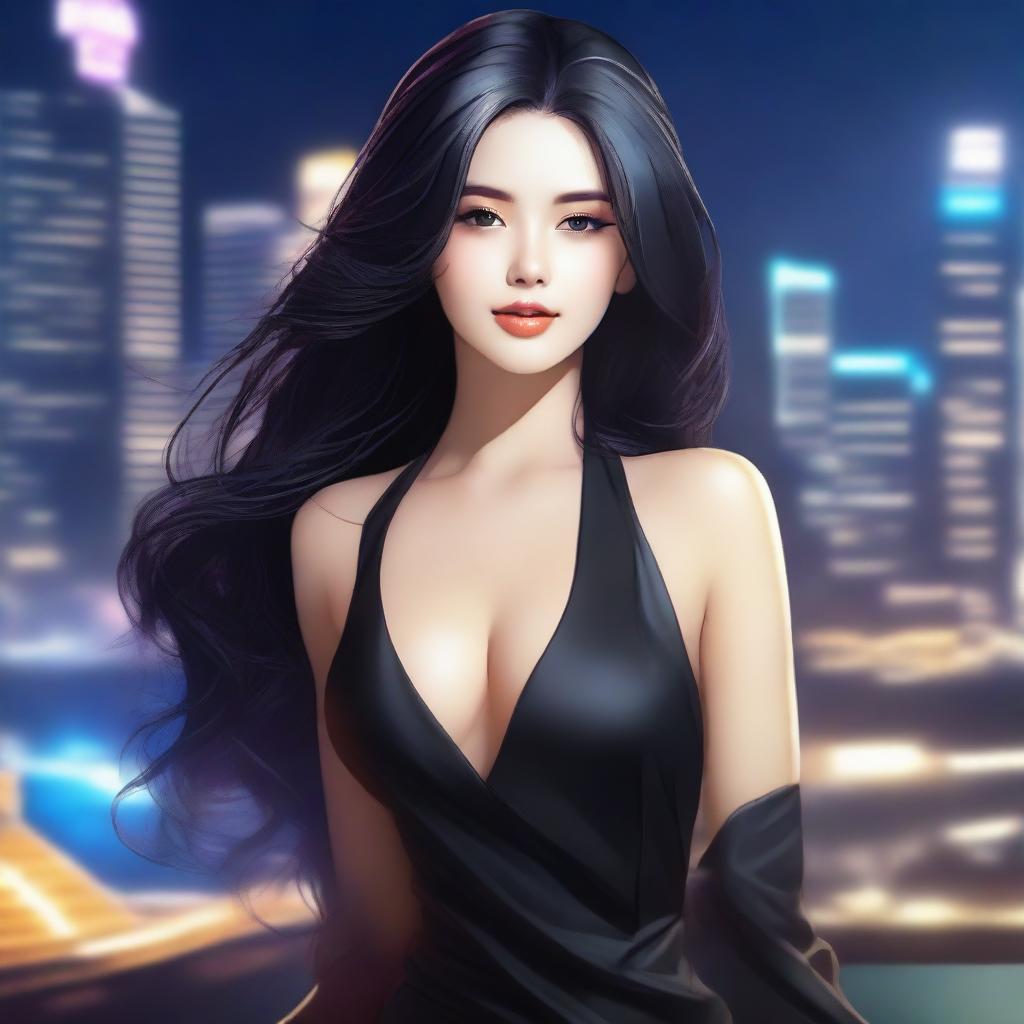 A beautiful girl with long, flowing black hair, styled elegantly