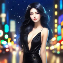 A beautiful girl with long, flowing black hair, styled elegantly