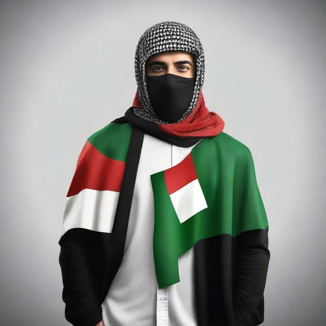 Create a book cover featuring a Palestinian hero wearing clothes made from the Palestinian flag