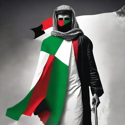 Create a book cover featuring a Palestinian hero wearing clothes made from the Palestinian flag