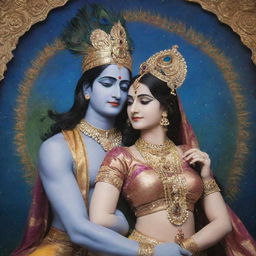 Lord Krishna and Radha in a serene yet romantic pose, enveloped by a cosmic, universal background. Krishna wears a peacock feather hat.