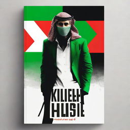 Create a book cover featuring a Palestinian hero wearing clothes made from the Palestinian flag