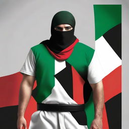 Create a book cover featuring a Palestinian hero wearing clothes made from the Palestinian flag