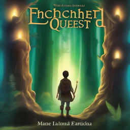 A captivating book cover featuring an enchanted forest with mysterious glowing lights, a hidden ancient temple, and a brave adventurer standing at the entrance