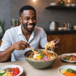 A stylish African-American man indulging in a steaming, colorful bowl of ramen noodles replete with vibrant garnishing.