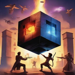 A movie poster featuring a cube in the middle with an evil person named Theo summoning a beam that goes to the sky, opening a rift