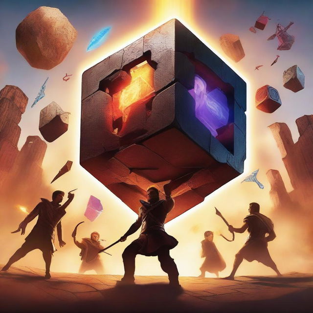 A movie poster featuring a cube in the middle with an evil person named Theo summoning a beam that goes to the sky, opening a rift