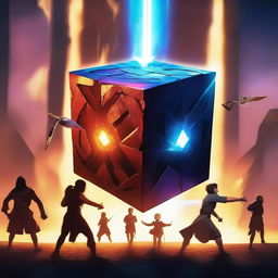 A movie poster featuring a cube in the middle with an evil person named Theo summoning a beam that goes to the sky, opening a rift