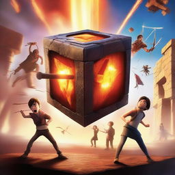 A movie poster featuring a cube in the middle with an evil person named Theo summoning a beam that goes to the sky, opening a rift