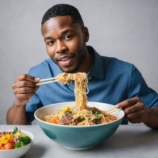 A stylish African-American man indulging in a steaming, colorful bowl of ramen noodles replete with vibrant garnishing.