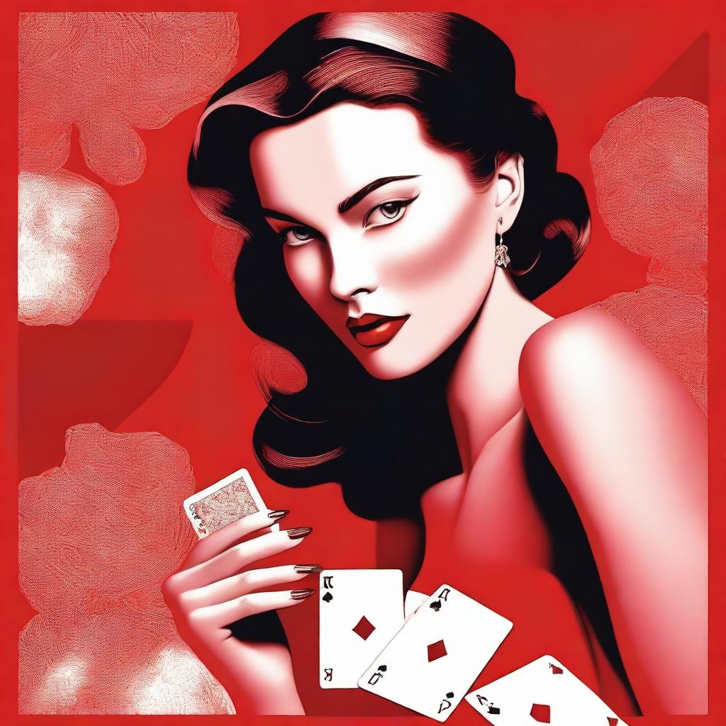 A beautiful woman on a red background playing cards with the text 'NEX188'