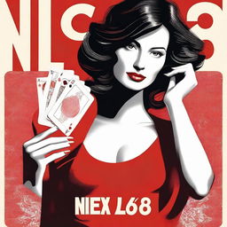 A beautiful woman on a red background playing cards with the text 'NEX188'